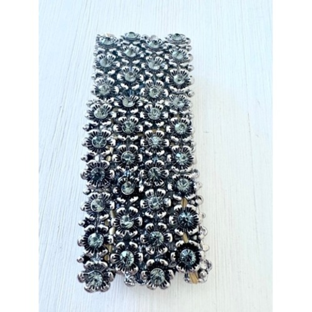 Floral Rhinestone Stretch Cuff Bracelet Silver Tone Wide Statement Resortwear - Picture 8 of 9